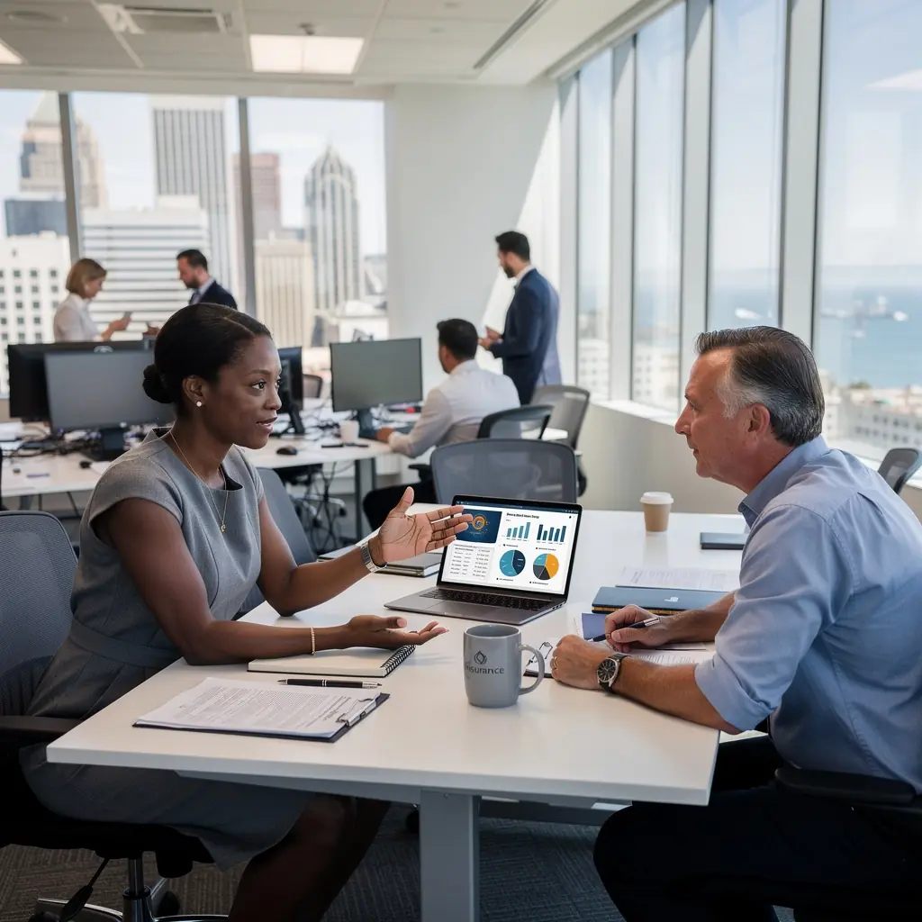 Mężczyzna konsultujący się z doradcą ubezpieczeniowym w salonie.